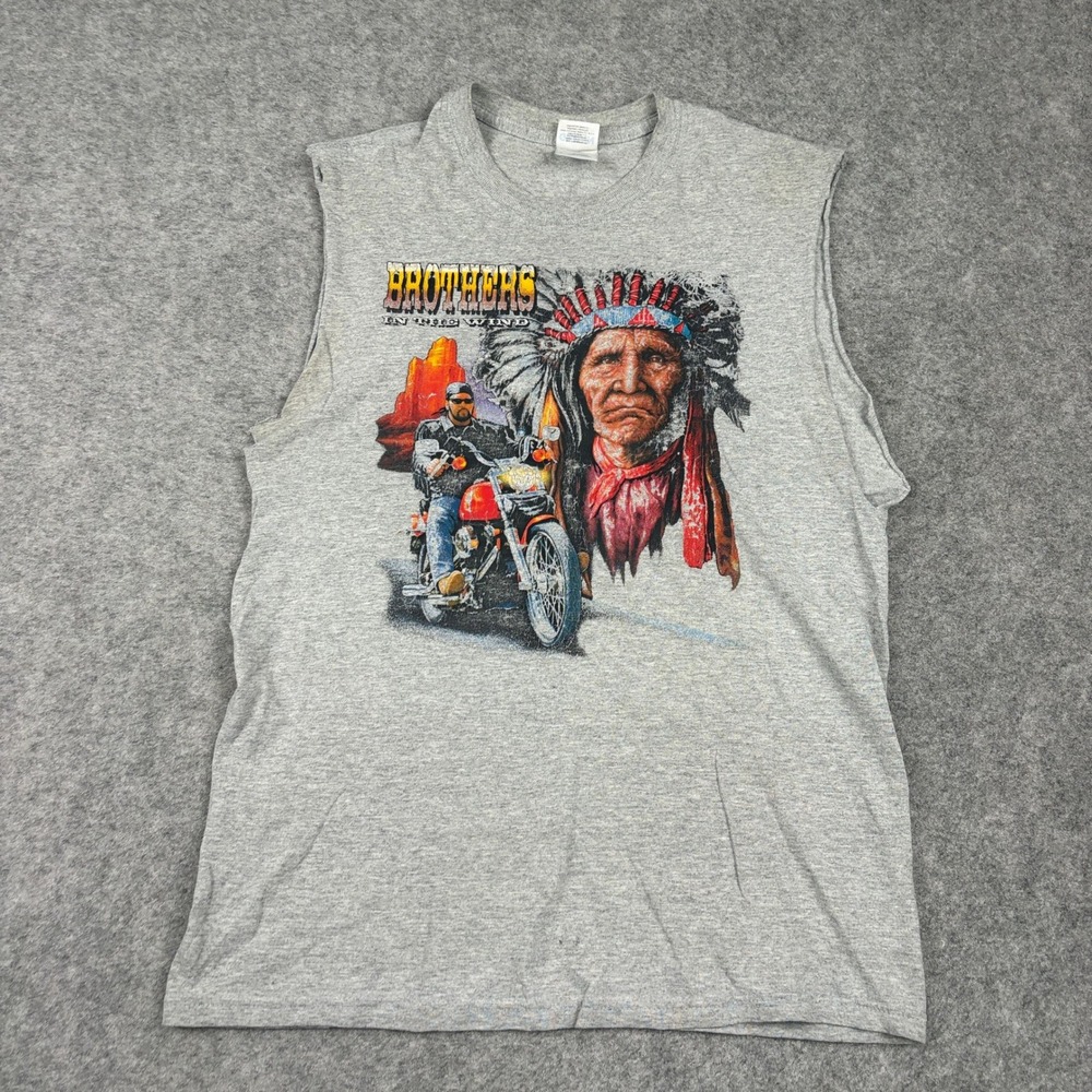 Y2K Native American Muscle Tank Mens Small Gray Brothers Wind Biker Graphic Surf - Picture 2 of 13